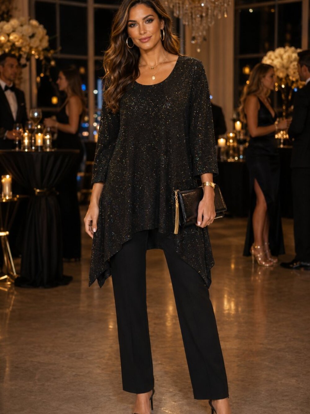 Slinky Brand Sparkly Tunic Top Scoop Neck 3/4 Sleeve Asymmetric Hemline
